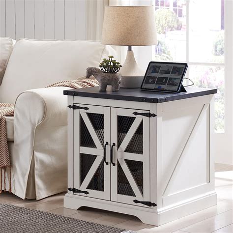 T Tream Farmhouse End Table With Charging Station Side Table With Mesh