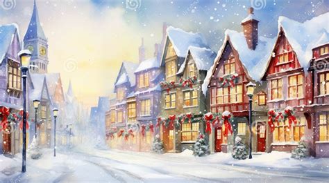 Watercolor Christmas Village In Snowfall Colorful Houses And Snow