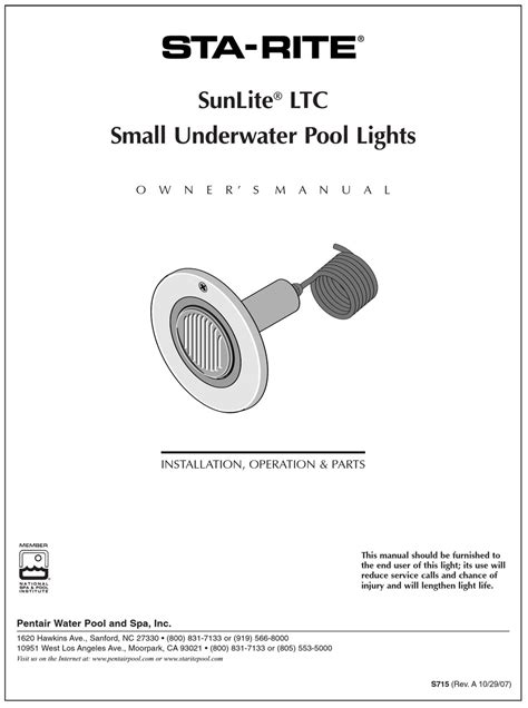 Sta Rite Small Underwater Pool Lights Sunlite Ltc Owners Manual Pdf