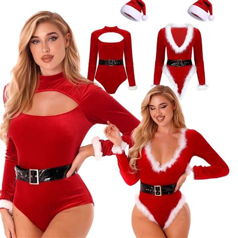 US Womens Sexy Lingerie Santa Cosplay Costume Christmas Outfit Bodysuit With Hat EBay