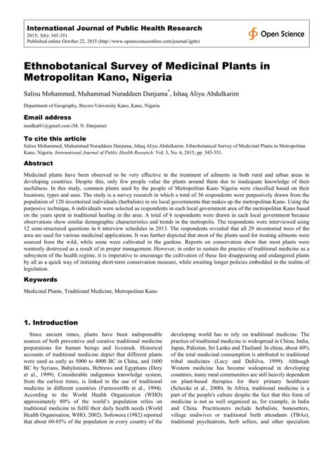 Pdf Ethnobotanical Survey Of Medicinal Plants In Metropolitan Kano