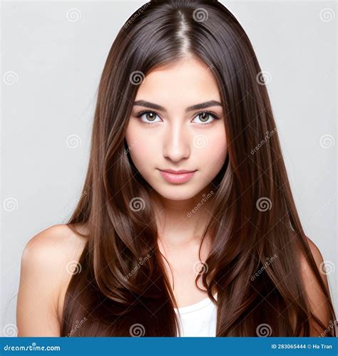 Portrait Of A Beautiful Young Woman With Long Straight Brown Hair Stock