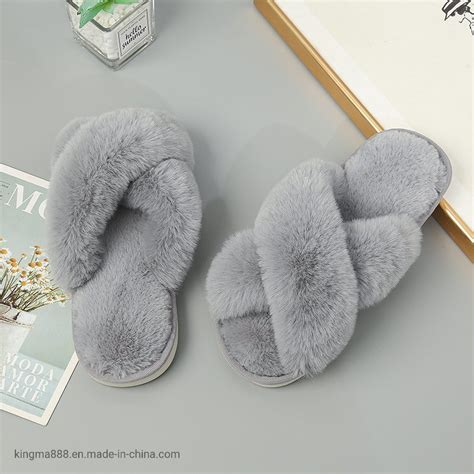 Ladies Cross Soft Plush Furry Shoes Female Winter Home Slippers