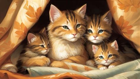 Premium AI Image | Three Little Kittens Cuddling With Mama Cat in Cozy Blankets