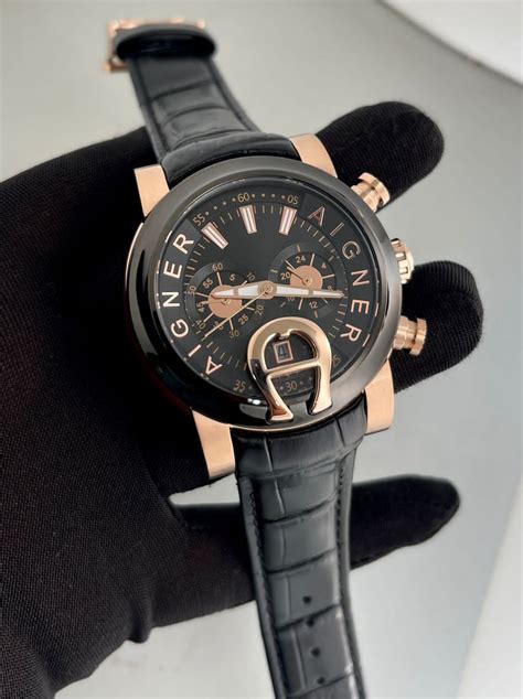 Aigner Bari Rose Gold Black Leather Chronograph Mens Watch 1