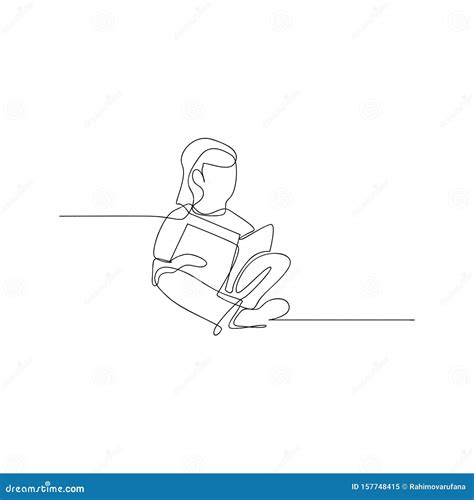 Continuous Line Drawing of Little Girl Reading Book. Isolated Sketch ...