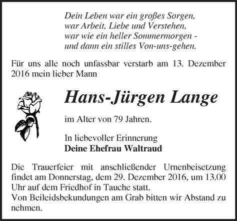 Traueranzeigen Von Hans J Rgen Lange M Rkische Onlinezeitung Trauerportal