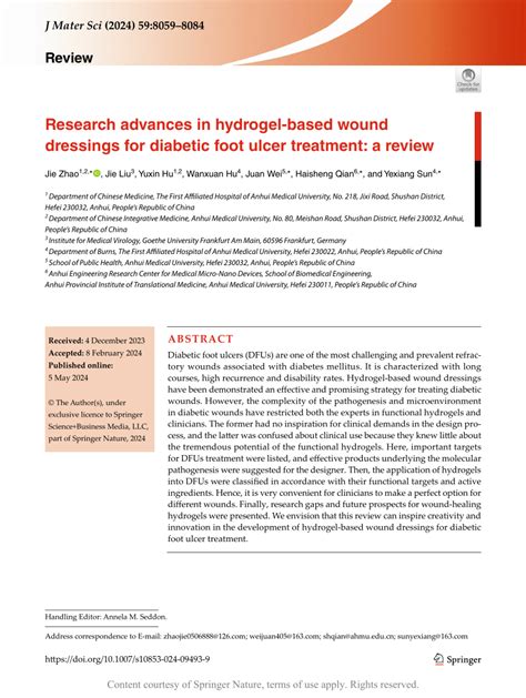 Research Advances In Hydrogel Based Wound Dressings For Diabetic Foot Ulcer Treatment A Review