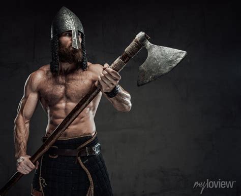 Nude And Warlike Viking Marauder With Beard And Helmet Posing Pinturas