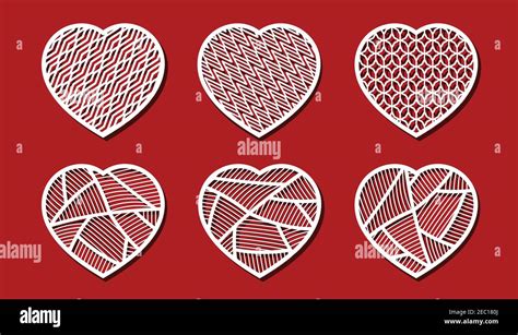 Heart cut on red background for laser cutting. Set of white ornamental ...