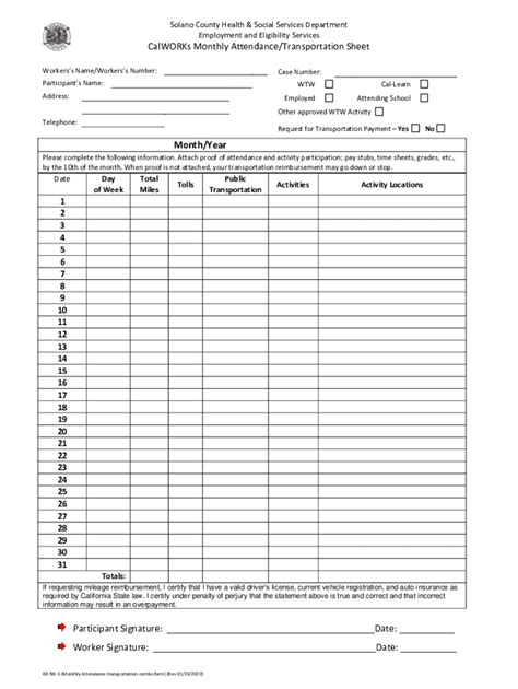 Fillable Online Calworks Monthly Attendance Transportation Sheet Fax