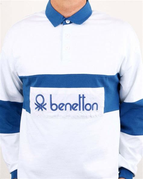 Benetton Rugby Shirt In White Blue Long Sleeve Polo 80s Casual