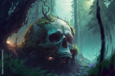 mysterious broken giant skull in fantasy forest. concept art, digital art, illustration. Stock ...