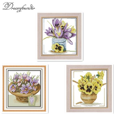 Small Pot Crocus Cross Stitch Kit Aida 14ct 11ct Count Print Canvas