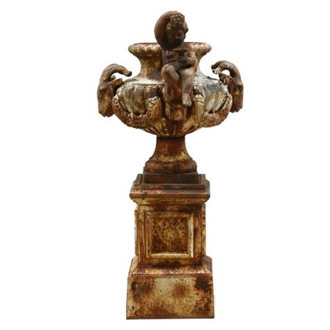 Figural Cast Iron Garden Urn On Stand Lot Continental Asian