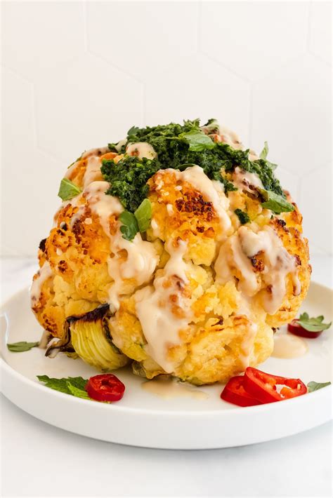 Whole Roasted Cauliflower With Tahini And Spicy Herb Sauce Once Upon