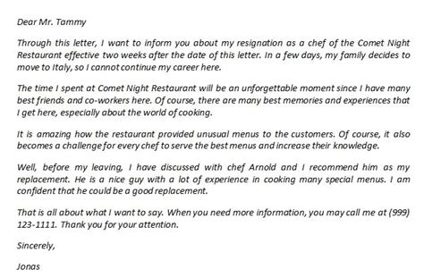 Restaurant Resignation Letter To Quit The Job Politely Template