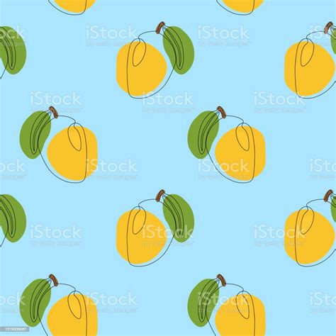 Seamless Pattern With Mango On Blue Background Continuous One Line