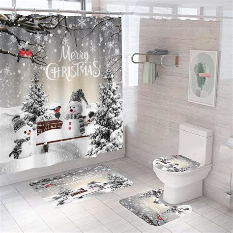 Amazon Pcs Christmas Shower Curtain Set With Rugs Toilet Lid