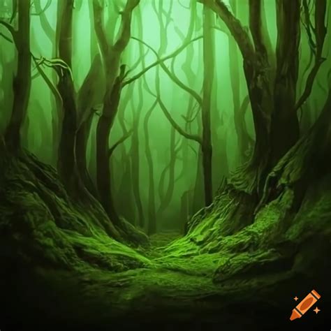 Dark And Mystical Forest With Green Lighting