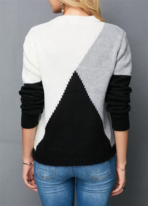 Round Neck Long Sleeve Color Block Knitting Sweater Sweaters Women