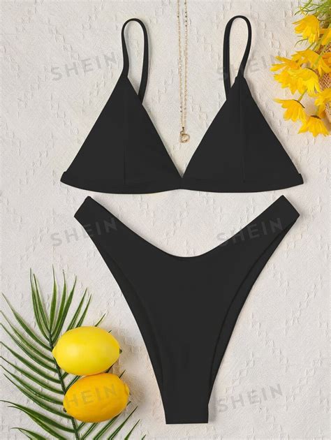 Shein Swim Summer Beach Mono Bikini Set Triangle Bra Top High Cut