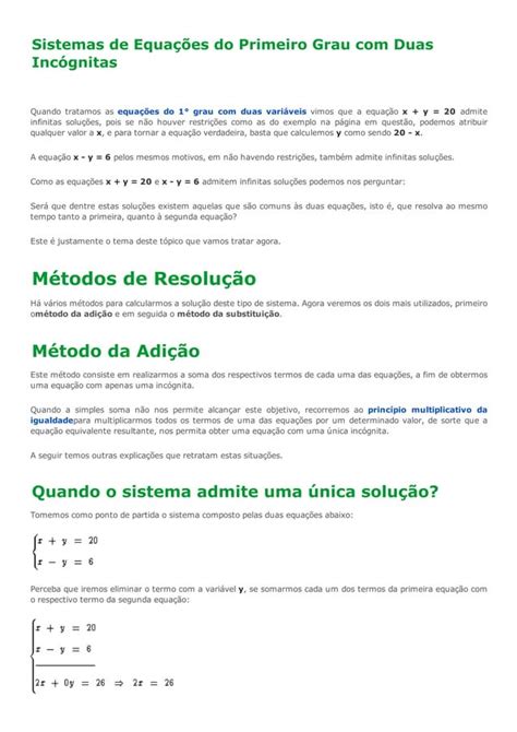 Sistemas De Equações Do 1° Grau Com 2 Incógnitas Pdf