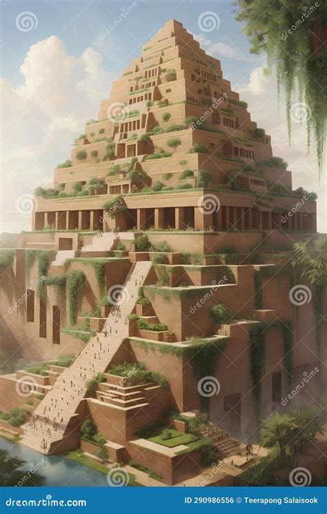 A Great Ziggurats with Hanging Gardens of Babylon Stock Illustration - Illustration of building ...