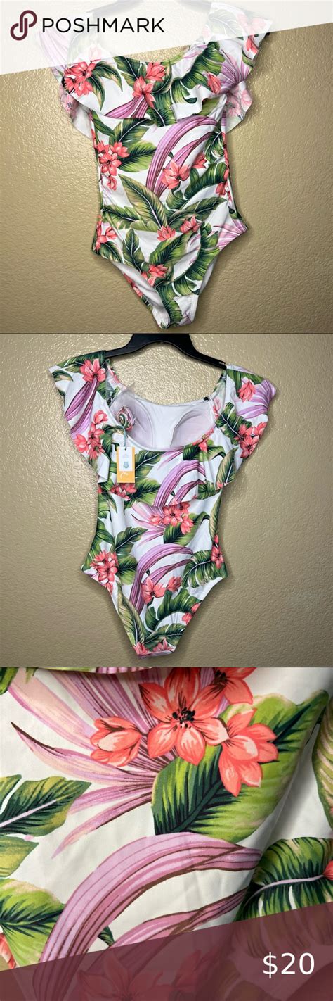 Kona Sol Tropical Floral Off The Shoulder High Coverage Swimsuit Straps