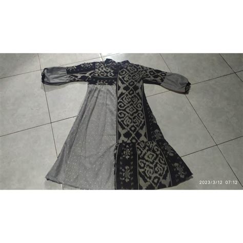 Jual Ready Stock Gamis Raya Abu Silver Dress Tenun Couple Full Tenun