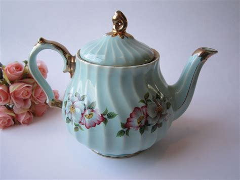 Vintage Sadler England Aqua Pink Floral Teapot By Jenscloset Via