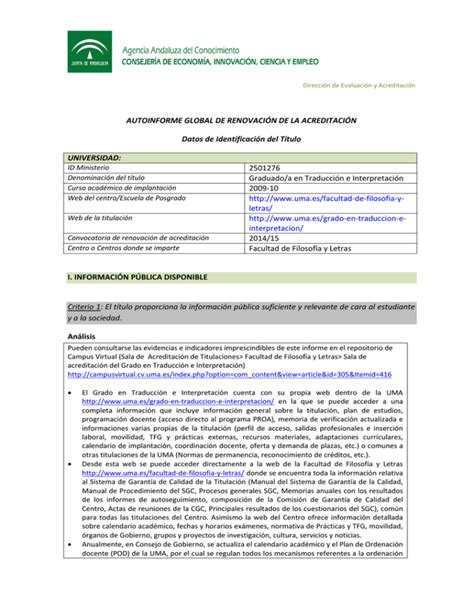 Autoinforme Global De Renovaci N De La Acreditaci N Grado En