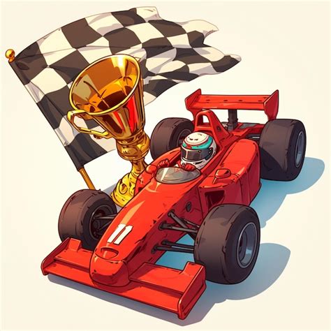 Cartoon Illustration Of A Red Race Car With A Checkered Flag And A Gold