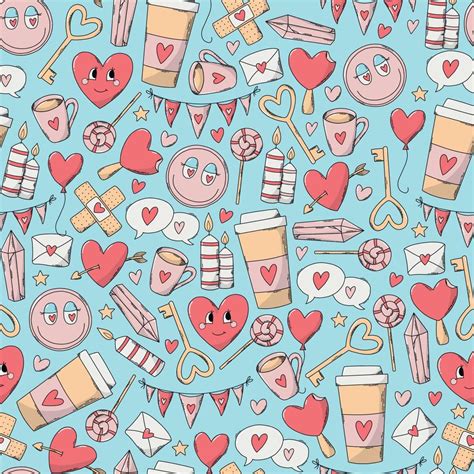 Valentine S Day Seamless Pattern With Doodles On Blue Background For