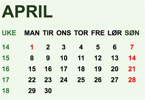 Norsk Kalender For Med Ukenummer Og Helligdager