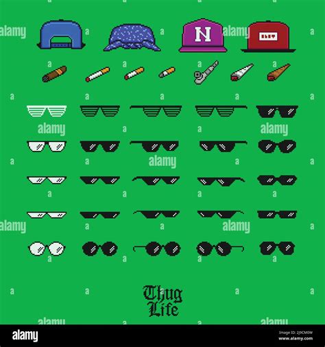 Pixel Art Like A Boss Thug Life Vector Icon Set Glasses Cigarettes Caps On Green Screen