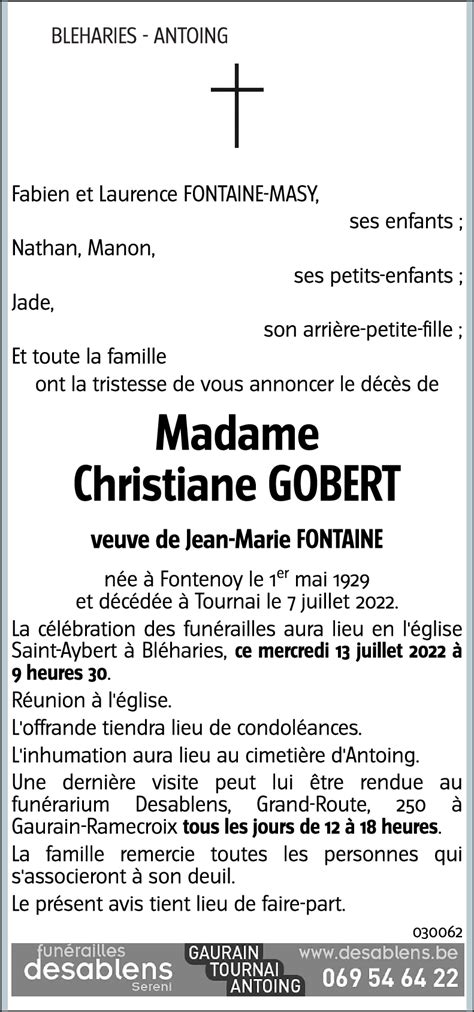 Avis De Décès De Christiane Gobert Décédé Le 07 07 2022 à Tournai