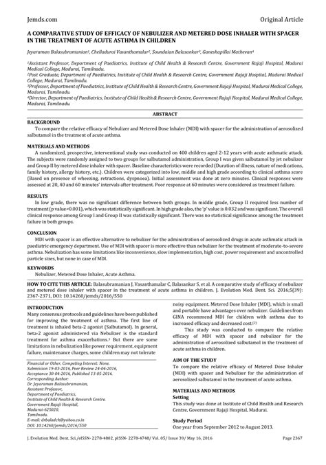 (PDF) A COMPARATIVE STUDY OF EFFICACY OF NEBULIZER AND METERED DOSE ...