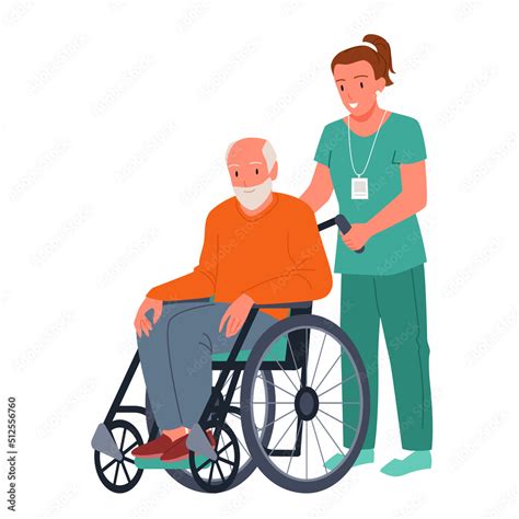 Nurse Carrying Wheelchair With Sitting Old Patient Vector Illustration