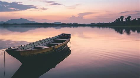 Solitary Boat On Calm Water Peaceful Lake Scene At Dusk Serene Water