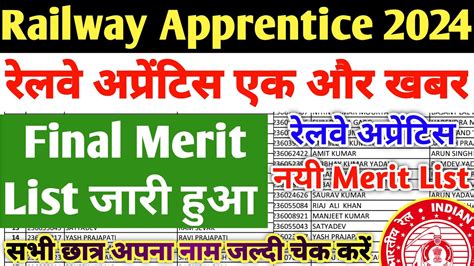 Railway Apprentice 2024 रलव अपरटस एक और Final Merit List जर