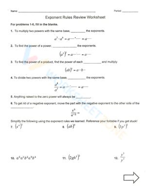 Exponent Rules Review Worksheets