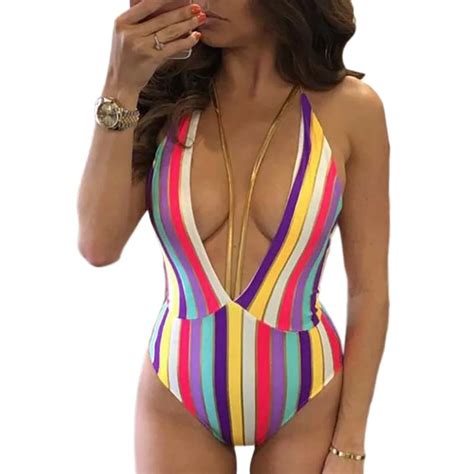 New 2017 Summer Women Rainbow Strip Deep V Neck Backless One Piece