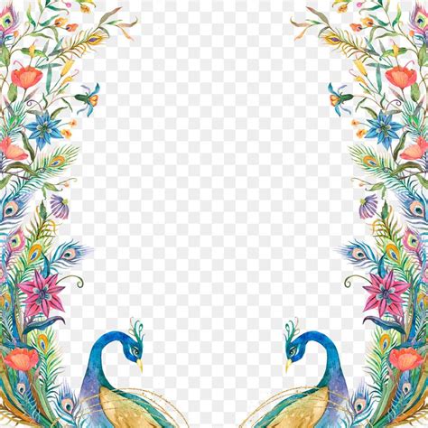 Download premium png of Png frame with watercolor peacock and flower border on transparent ...