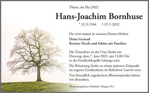 Das Trauerportal für Lüchow Dannenberg Todesanzeigen Hans Joachim