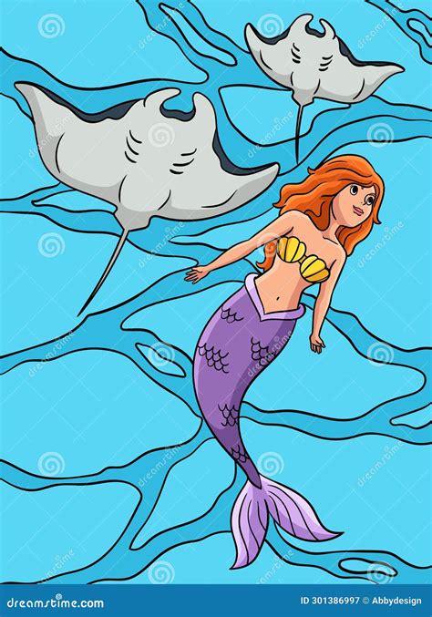 Mermaid With Manta Ray Coloring Page Illustration CartoonDealer