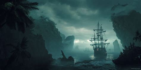 ship, trees, artwork, Pirate ship, beach, concept art, Wojtek Fus ...