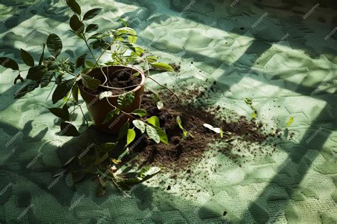 Premium Photo Fallen Potted Plant Dirt Spilled Over A Green Carpet Floor