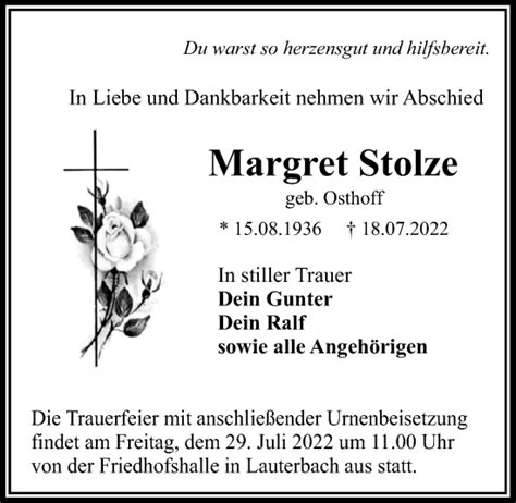 Traueranzeigen Von Margret Stolze Vrm Trauer De