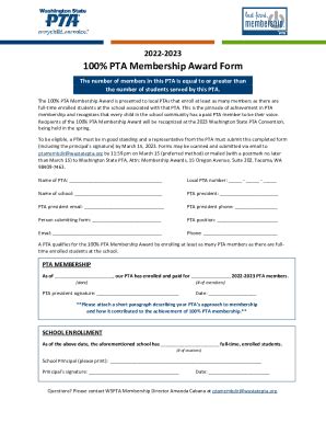 Fillable Online Pta Membership Award Form Washington State Pta